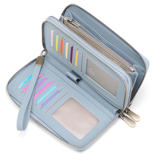 Portefeuille femme anti piratage RFID grand format cuir bleu zippé GAEKEAO