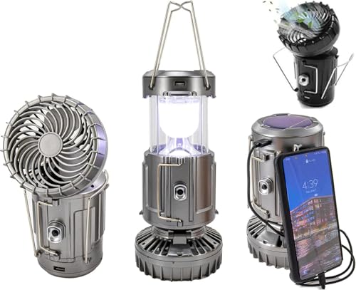 Luz solar 2 en 1 y ventilador portátil, linterna solar y ventilador, linternas LED recargables por USB, ventilador portátil para camping de emergencia (plateado)