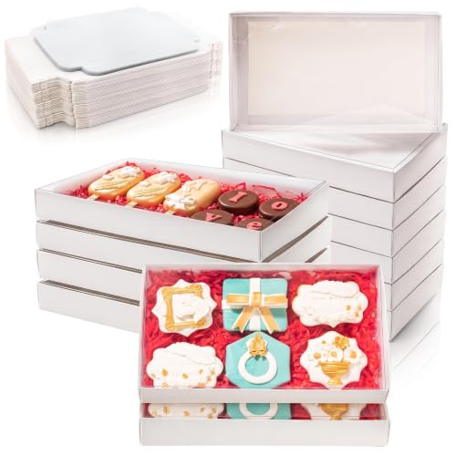 Tebery 50 Pack Cookies Boxes, Pastry Bakery Box with Full Clear Window, Macaron Treat Packaging Boxes for Wedding, Party, Take Out Container for Donuts, Muffin, Cupcake, Dessert, 9.5 x 6 x 1.25 Inch