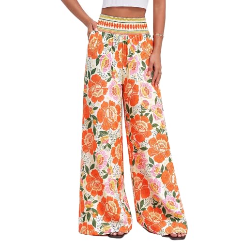 Pantalones Anchos Estilo Boho con Flores Mujer,Cintura Fruncida elástica Ropa Informal,Prendas de Playa Ligeras con Bolsillos