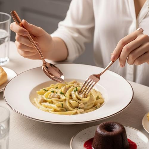 Image of 12-Pcs. Rose Gold Cutlery Set - Luxury Stainless Steel Flatware Service for 6 with 6 Dinner Spoons & 6 Dinner Forks - Titanium PVD Coated Mirror Finish - Dishwasher Safe Silverware