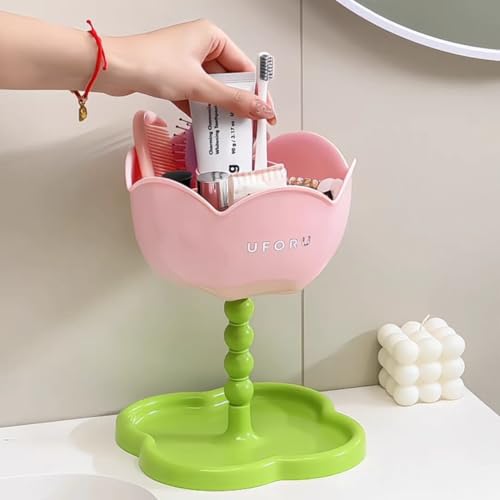 Porte-pinceaux de maquillage fleur rose pour une coiffeuse ordonnée