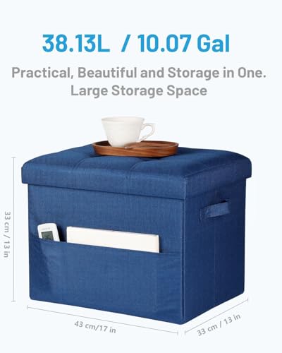 Image of Bsketa Storage Ottoman Bench,17 inch Folding Linen Foot Rest Stool,Dark Blue | Small Ottoman with Side Pockets, Thicker Foam Padded Seat, Livingroom, Dorm, Bedroom, Easy to install, 43L,17 x 13 x 13in