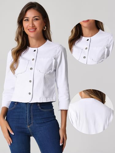 Allegra K Denim Jacket for Women's Collarless 2024 Cardigan Distresse 3/4 Sleeve Crop Jean Jackets2