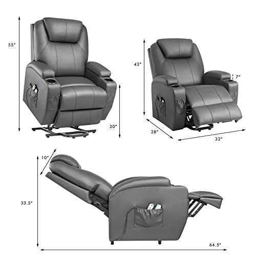 Yeshomy Power Lift Recliner Chair With Massage And Heating Functions, Pu Leather Sofa With Remote Control And Two Cup Holders, Suitable For Living Room, Gray #TOP2