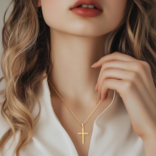 Cross Necklace for Women Gold Cross Necklaces for Women 14K Gold Crosses Pendant Necklaces for Womens with Singapore Chain Engraved with Fine Symmetrical Stripes Womens Crosses Chain Pendant4