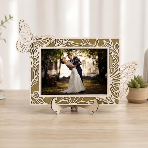 Image of Rectangle Photo Frame | Wooden Decorative Picture Frame with Butterfly Laser Cut Border & Clear Acrylic Front | Wall & Tabletop Display | Premium Home Decor & Gift (22x16 cms)