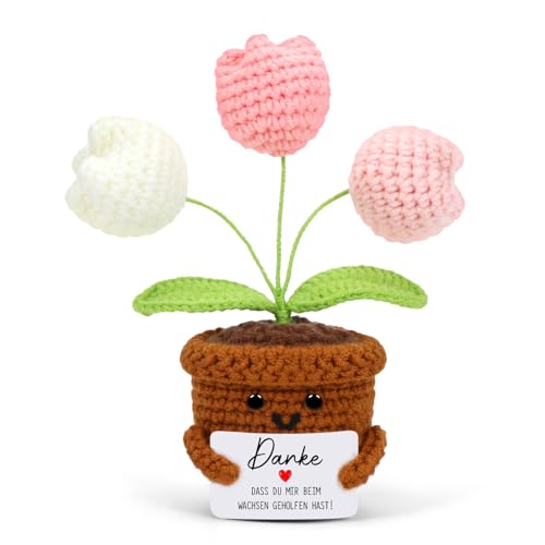 Cadimus Positive Blume,Kleines Dankeschön Geschenk,Rosa Gestrickte Tulpen Blume,Lustige Häkelblumen Pocket Hug,Handgemachte Gehäkelte Blumen,Danke Geschenk für Freunde Kollegen Familie Freundin