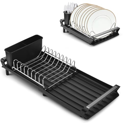 OKUYAN Compact Dish Drainer Rack Expandable Dish Drying Rack Stainless Steel Dish Drying Rack Dish Drainer with Extendable Draining Board Single Tier Drying Rack with Removable Cutlery Holder (Black) OKUYAN Compact Dish Drainer Rack Expandable Dish Drying Rack Stainless Steel Dish Drying Rack Dish Drainer with Extendable Draining Board Single Tier Drying Rack with Removable Cutlery Holder (Black)