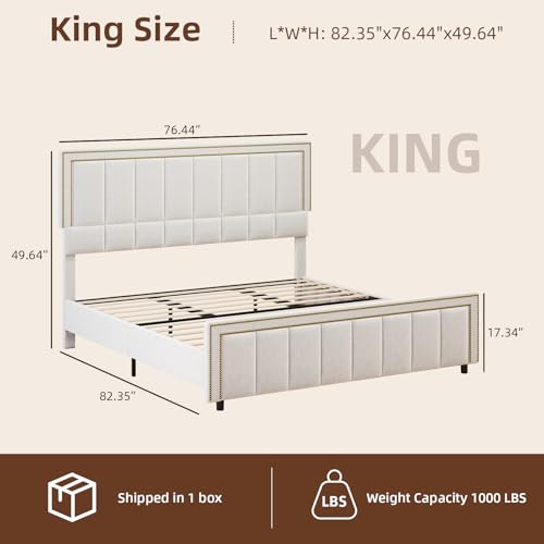 Image of BarnFurin King Size Size Bed Frame with 50 inch Tall Headboard and Footboard, Chenille Upholstered Bed Frame, Vertical Channel Tufting with Nailhead Trim, No Box Spring Needed, Easy Assembly, Beige
