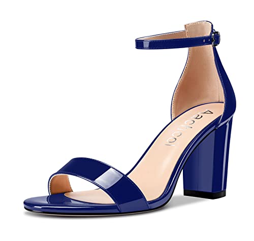 Aachcol Mujer Sandalias Abierta Punta Correa Tobillo Chunky Ancho Medio Heel Zapatos Fiesta Azul Marino Charol 8.5 CM 40 EU