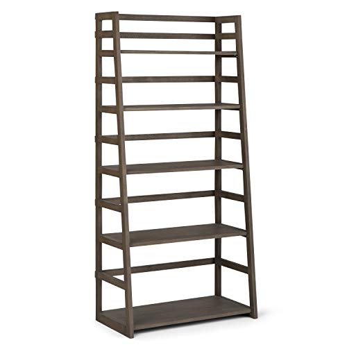Image of SIMPLIHOME Acadian Solid Wood 63 inch x 30 inch Transitional Ladder Shelf Bookcase in Farmhouse Grey for the Living Room, Study Room and Office