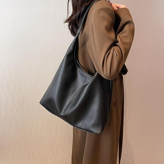 Hobo Bags for Women, Slouchy Tote Bag Soft Casual PU Leather Shoulder Purses 2pcs Work Everyday Handbags Stylish Slouchy Tote Purses(Black) - Image 6