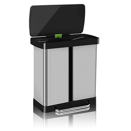 Cubo de basura doble, 16 galones60 L de acero inoxidable con tapa y doble barril, cubos de basura de doble compartimento a prueba de huellas