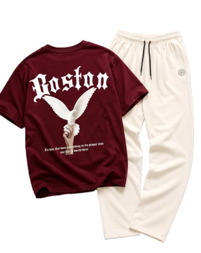 AUSK Men's Oversized Graphic Printed Co Ord Set White White & Maroon - Image 2