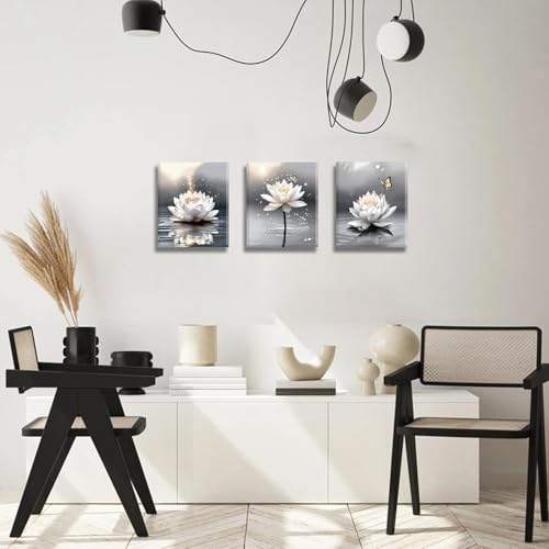 Image of Framed Zen Lotus Flower Wall Art,White Lotus and Butterfly Canvas Prints