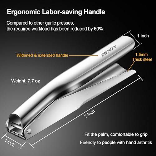 ZIGNTY Professional Garlic Press Stainless Steel, Garlic Mincer No Need to Peel, Large Trough Garlic Crusher, Ergonomic Handle Garlic Ginger Presser Masher, Easy Squeeze Rust Proof Dishwasher Safe
