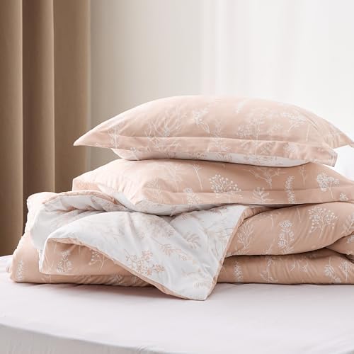 Image of Bedsure Queen Comforter Set - Blush Pink Bed Set, 3 Pieces Cute Floral Bedding, 1 Soft Reversible Botanical Flowers Comforter and 2 Pillow Shams