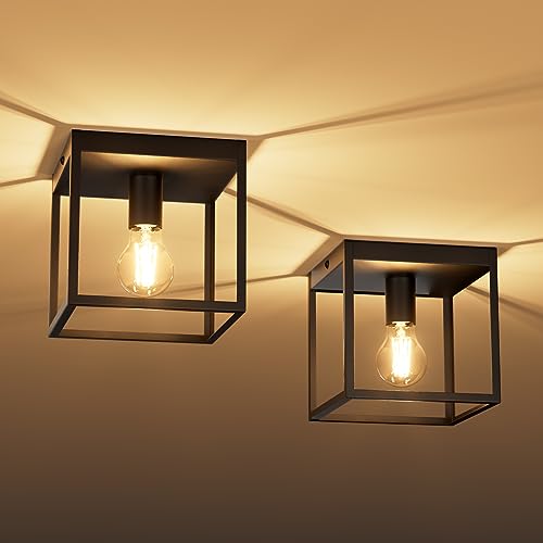 Klighten 2 Stück Vintage Schwarz Deckenleuchte, E27 Retro Industrial Eckig Metall Deckenlampe für Flur, Schlafzimmer, Wohnzimmer, Küche, Leuchtmittel nicht Inklusive