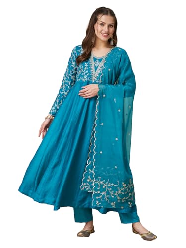 Image of MOKOSH Women's Silk Anarkali Kurta Pant with Dupatta | Anarkali Kurta Set | Embroidered | 3 Piece Outfit | Floral Ethnic Suit 4 Colour Options Available