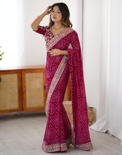 Image of SIRIL Women's Georgette Bandhani Printed Saree with Unstitched Blouse Piece