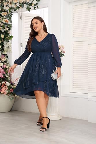Image of Talisea Plus Size Cocktail Dress - Formal Wedding Guest Fall Long Sleeve A Line Pleated V Neck Midi Dresses for Curvy Women