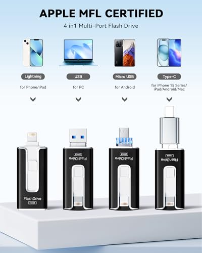 Image of MFi Certified Flash Drive for iPhone iPad 256GB, Photo Stick for External Memory Storage, Easily Back Up and Save Photos Videos, USB Memory Stick Thumb Drive for iPhone /iPad /Android /PC (Black)