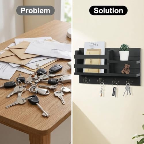 Image of Key Holder for Wall with Mail Shelf & 4 Hooks | Engineered Wood (Blackk, Elegant Mail Organizer - 35.5 x 9 x 23 cm)