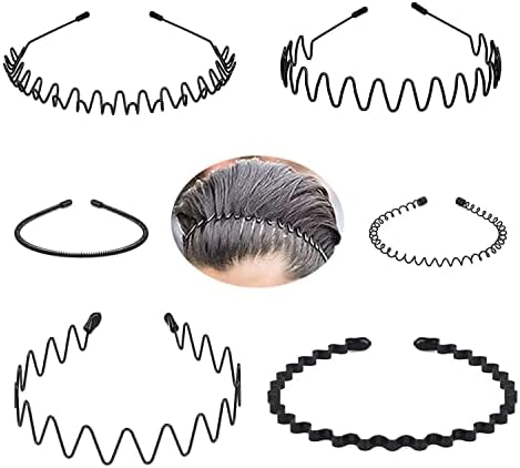Metal Headbands for Men/Women, 90s Comb Headband Wavy Hairband Spring Hair Hoop, Black Metal Unisex Male/Female Elastic Non Slip Hair Band, Pack of 6