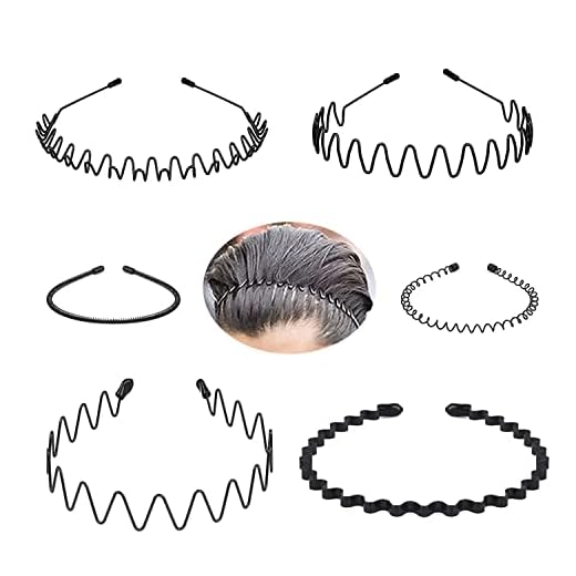 Metal Headbands for Men/Women, 90s headband Japanese Headband hair bands men Metal Band Comb Headband Wavy Hairband Spring Hair Hoop, Metal Unisex Male/Female Elastic Non-slip Hair Band, 6 Pack