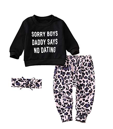 Image of Madjtlqy Newborn Baby Girls Clothes Daddy Saying Top Printed T-Shirt Leopard Pants+Headband Sweatshirt Outfit Set