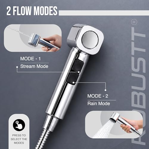 Image of Robustt Health Faucet for Toilet with 1.2m Hose (304 SS) with Adhesive Wall Mount Holder |2 Flow Modes | Jet Spray Pipe for Toilet with Stream & Rain Settings - Chrome Finish Bathroom Faucet