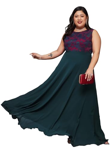 Image of Miss Chase A+ Women's Round Neck Sleeveless Georgette Floral Lace Fit & Flare Maxi Dress