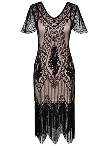 PrettyGuide Women's 1920s Dress Art Deco Cocktail Dress Short Sleeve XXL Black Beige - Thumbnail 4