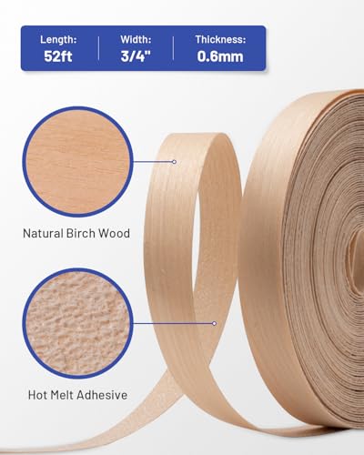 Image of Birch Edge Banding 3 /4 inch x 50 ft Real Wood Veneer Plywood Edge Banding Iron-on Pre-glued Veneer Edging Tape for Cabinet Repairs Furniture Restoration