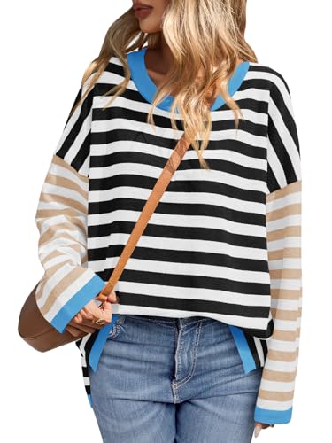 Image of Saodimallsu Womens Striped Oversized Sweaters Color Block Crew Neck Long Sleeve Loose Knit Pullover Sweater
