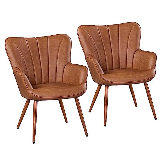 Yaheetech PU Leather Tub Chair, Modern Living Room Armchair, Side Vanity Chair with High Back and Soft Padded Seat for Bedroom Makeup Reading Nook, Set of 2, Retro Brown
