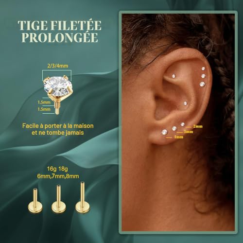 Sllaiss 3 Paires Piercing Titane ASTM-F136 Piercings Helix Hypoallergénique – vue 2