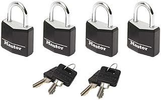 Master Lock 9120EURQBLK Pack of 4 Key Padlocks in Aluminium with Vinyl Cover, Black, 2 x 3,4 x 1,4 cm
