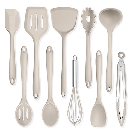 TeamFar Kitchen Cooking Utensils, 10 pcs Silicone Cooking Utensils Set, 446°F Heat Resistant Kitchen Gadgets Tools Set w/Spatula, Turners, Spoons, Soup Ladle, Pasta Server for Nonstick Cookware, Khaki