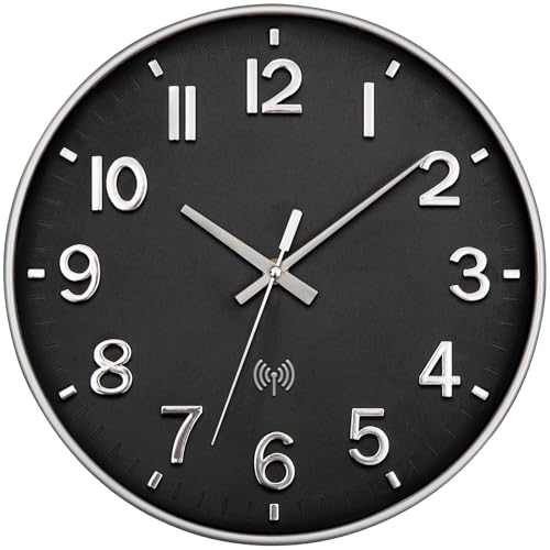 NESIFEE Horloge murale radio-pilotée silencieuse - Horloge murale radio-pilotée silencieuse - Sans tic-tac - 30 cm - Design moderne - Pour salon, cuisine, salle de bain - Noir