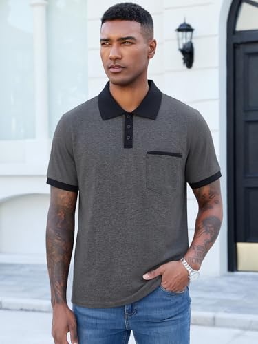 Image of Men's Casual Polo Shirts Summer Short Sleeve Contrast Collar Buttoned Tee Polo Shirt with Pocket