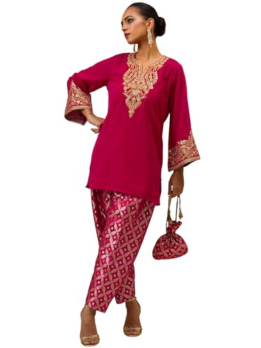 Image of Women Velvet Embroidered Short Kurta With Farshi Salwar