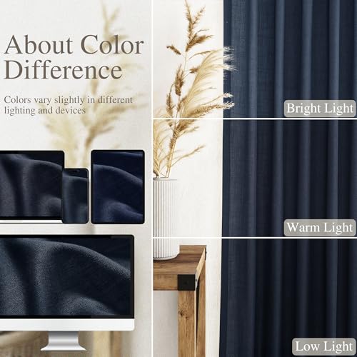 Image of Linen Navy Blue Curtains 108 inch Extra Long for Living Room Back Tab Light Filtering Semi Sheer Drapes Modern Farmhouse Coastal Decor Textured Curtain for Floor to Ceiling High Window 52x108