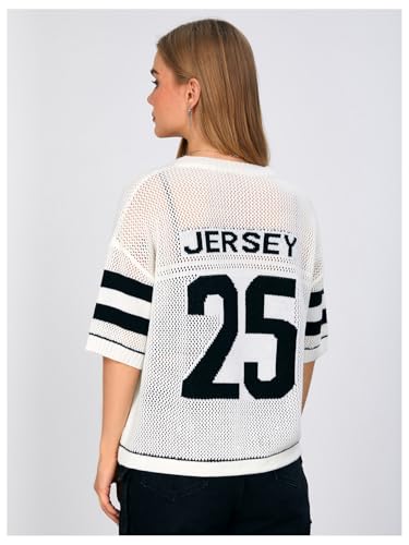 Image of Verdusa Women's Jersey Shirts Hollow Out Pullover Sweaters Number Print Short Sleeve Knit Tops