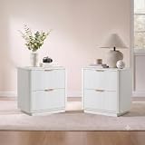Fluted Nightstand Set of 2 with Charging Station, Wood Bedside Table with 2 Drawers, Modern Night Stands for Bedroom (White)
