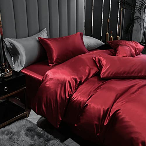 3 Pieces Silk Like Comforter Cover Set With Zipper Closure, Microfiber Luxury Breathable Ultra Soft Bedding Duvet Cover Set, Solid Color Modern Quilt Cover Set,Red,Queen(90''X90'') #TOP3