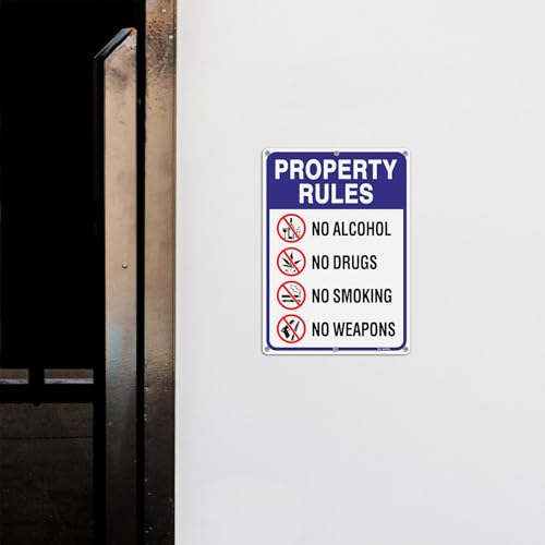 Image of T&R Large Property Rules Sign No Alcohol No Drugs No Smoking No Weapons Sign - 14 x 10 Inches Rust Free .040 Aluminum Reflective - UV Protected, Waterproof and Fade Resistant - 6 Pre-drilled Holes