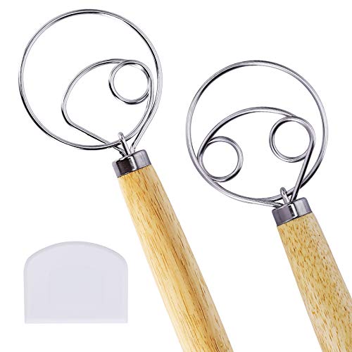 Homyplaza 2 Pack Danish Dough Whisk Large Bread Mixer 13” Stainless Steel Wooden Danish Whisk with Dough Scrapers Dutch Style Artisan Blender For Bread Batter Cake Pastry