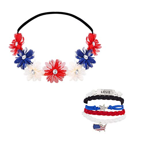 Lux Accessories Red White Blue American July 4Th Independence Floral Headband Multi Bracelet Set (2Pc) #TOP18